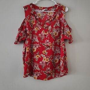 Flower & Feather Floral Cold Shoulder Top 2XL Juniors Business Casual Keyhole